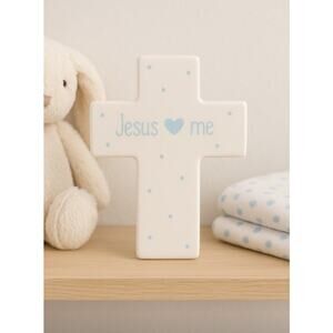 Precious Moments Jesus Loves Me Cross Blue Baby Ceramic Wall Decor 164465